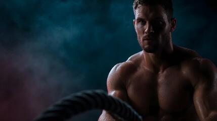 Fototapeta premium Intense athlete training with battle ropes in dramatic lighting