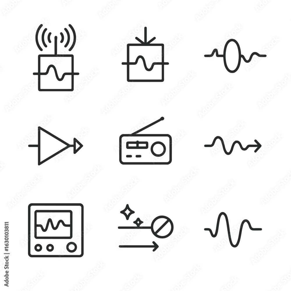 Poster radio signal icon set. outline icon set of radio signal processing: modulator, demodulator, signal f