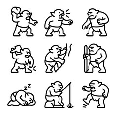 Fototapeta premium Fantasy Icon Tri-Set. Outline icon set of dwarf fantasy elements: dragon, magic stone, enchanted axe, mysterious rune, treasure