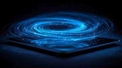Digital vortex emerging from a tablet screen in a futuristic digital environment