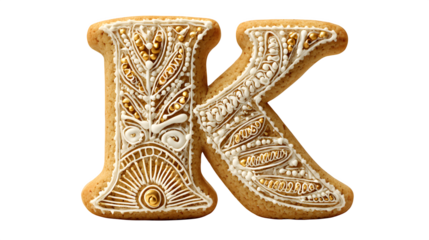 A letter 'K' in cookie style, resembling a golden-baked sugar cookie with intricate royal icing details, isolated on a Transparent Background