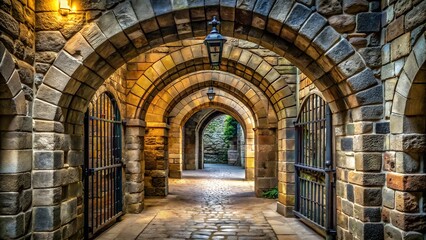Obraz premium Ancient stone archway passage with gothic architecture and cobblestone pathway, creating a historic and atmospheric medieval building exterior
