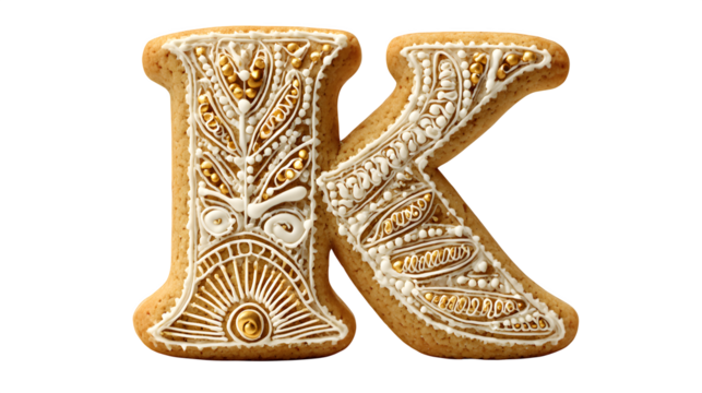 A letter 'K' in cookie style, resembling a golden-baked sugar cookie with intricate royal icing details, isolated on a Transparent Background