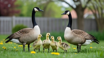 Fototapeta premium Adorable goose family with fluffy goslings enjoying a sunny spring day in lush green grass