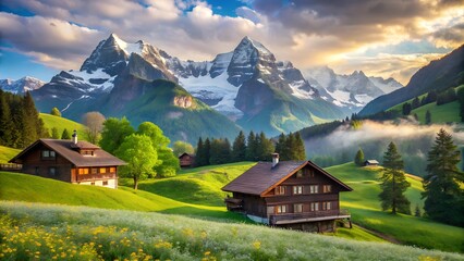 Obraz premium Picturesque swiss alps village with traditional wooden chalets nestled in green meadows at sunrise