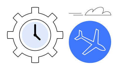 Gear with embedded clock, airplane inside blue circle, and abstract cloud. Ideal for productivity, efficiency, travel planning, time tracking, logistics innovation teamwork. Simple flat metaphor