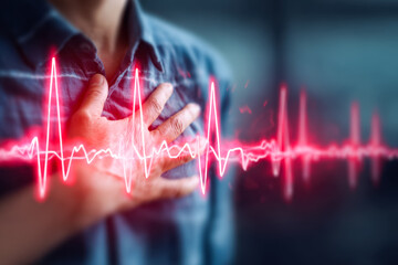 Person experiencing heart palpitations with a digital heartbeat overlay