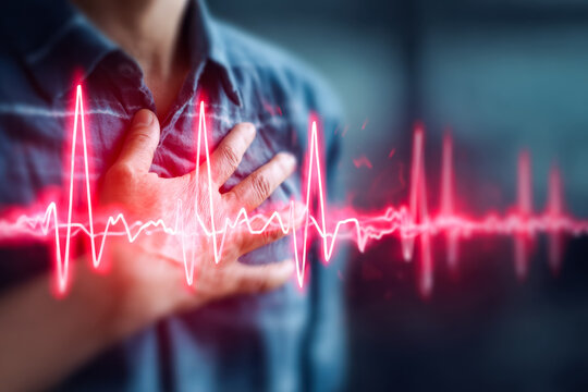 Person experiencing heart palpitations with a digital heartbeat overlay