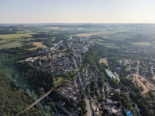 Trebic historical town with monastery and red rooftops aerial panorama view