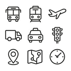 Real-Time Transport Icons. Outline icon set of real-time transport tracking: bus, train, airplane, delivery truck, taxi, traffic