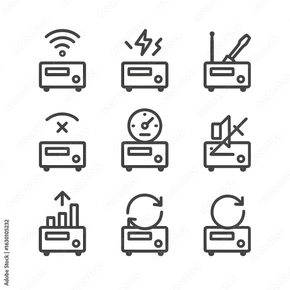 Poster receiver troubleshooting icons. outline icon set of receiver troubleshooting: weak signal, interfere