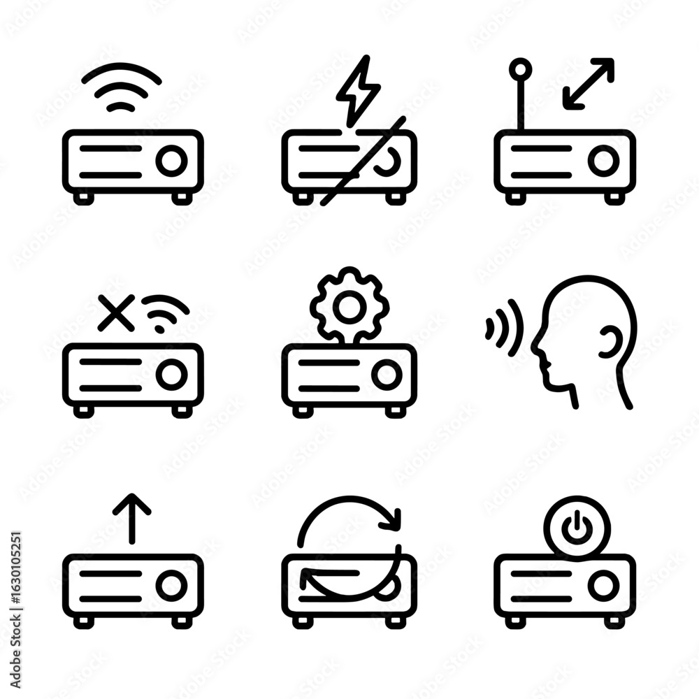 Poster receiver troubleshooting icons. outline icon set of receiver troubleshooting: weak signal, interfere
