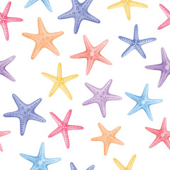 Vector seamless pattern with colorful pastel watercolor sea shells and stars