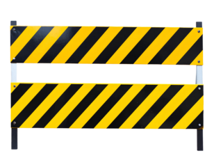 Black and yellow construction road barrier isolated on a transparent background.
