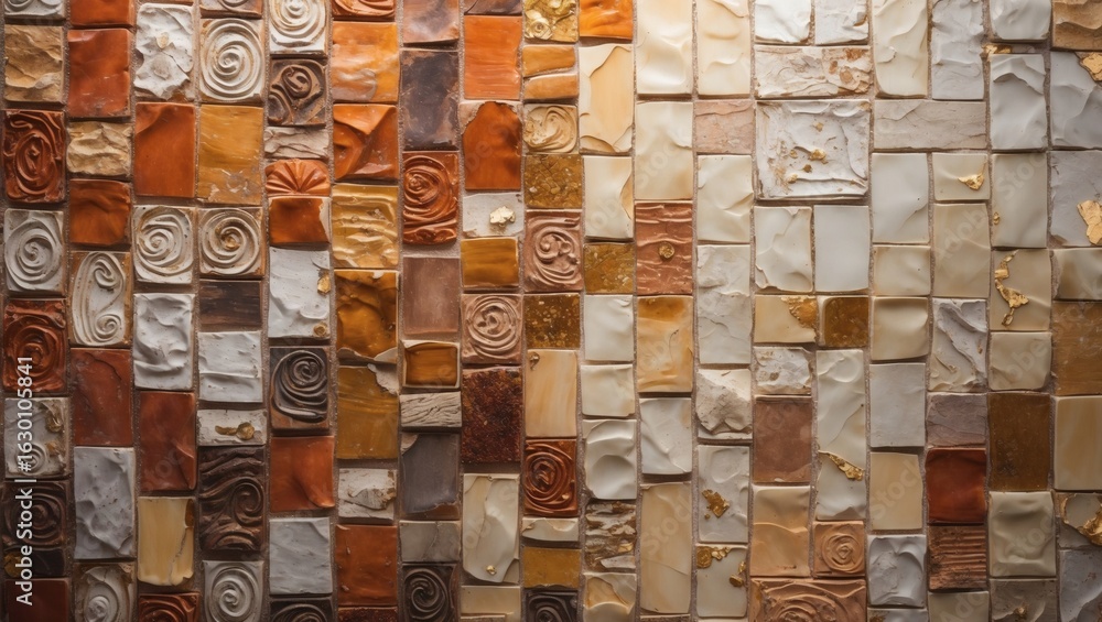 Poster a decorative wall featuring an artistic arrangement of rectangular stones in various earth tones. th