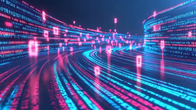 Digital data stream glowing binary code neon lights futuristic technology vibrant blue pink colors abstract background motion blur depth effect dynamic visual design