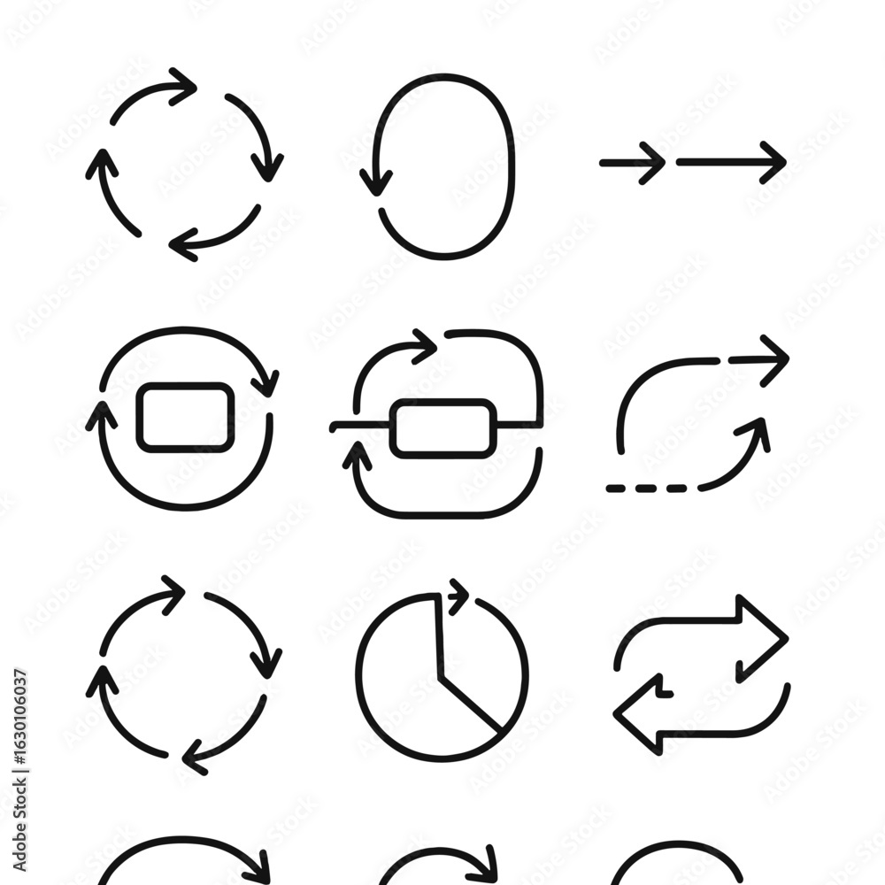 Poster Feedback Loop Icons. Outline icon set of feedback loops: cycle arrows, loop diagram, input-output arrows, system loop, control