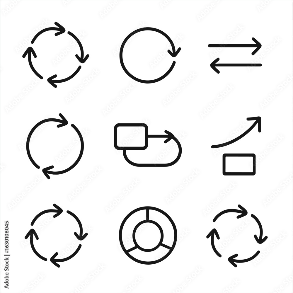 Poster Feedback Loop Icons. Outline icon set of feedback loops: cycle arrows, loop diagram, input-output arrows, system loop, control