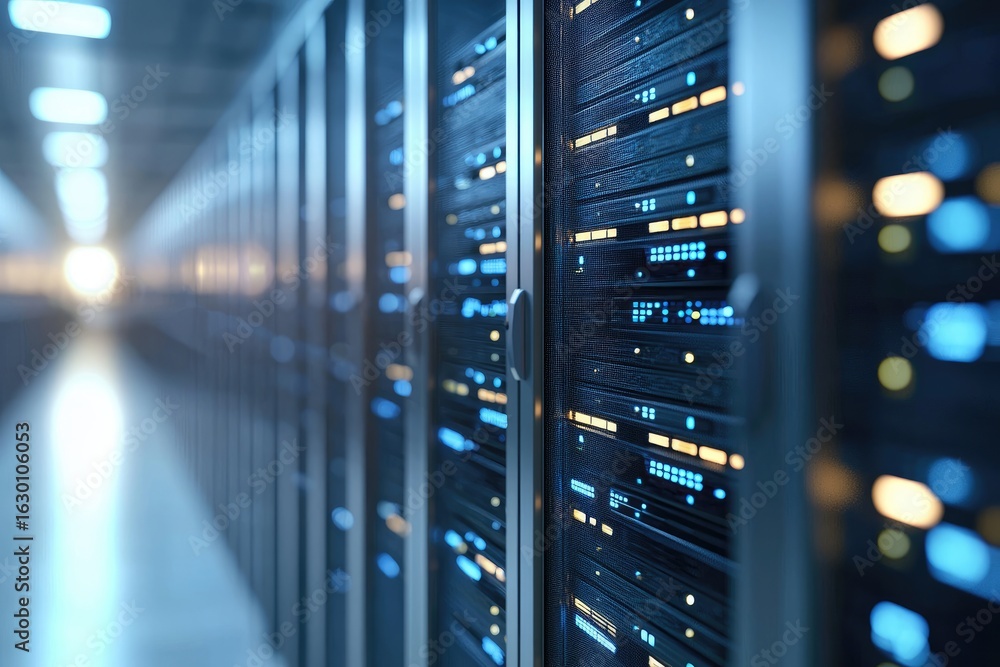 Poster brightly lit data center corridor with rows of sleek server racks and glowing blue and yellow indica