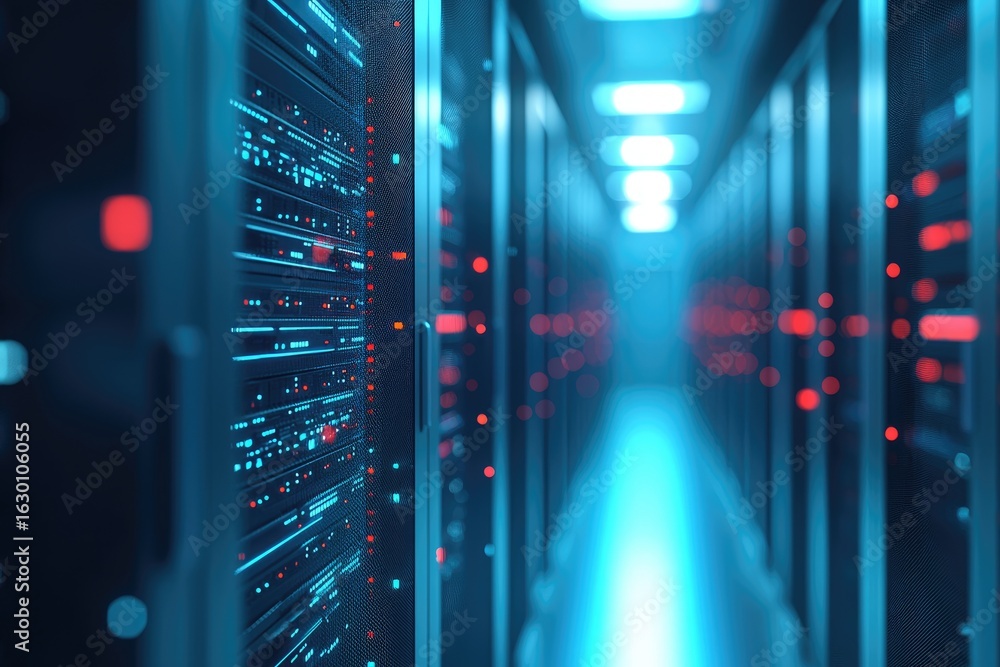 Poster modern data center corridor with glowing server racks, red and blue led indicators, and futuristic l