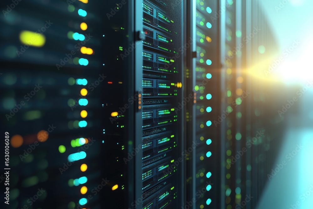 Poster high-tech server racks with glowing green and yellow indicators in a sunlit data center, great for i
