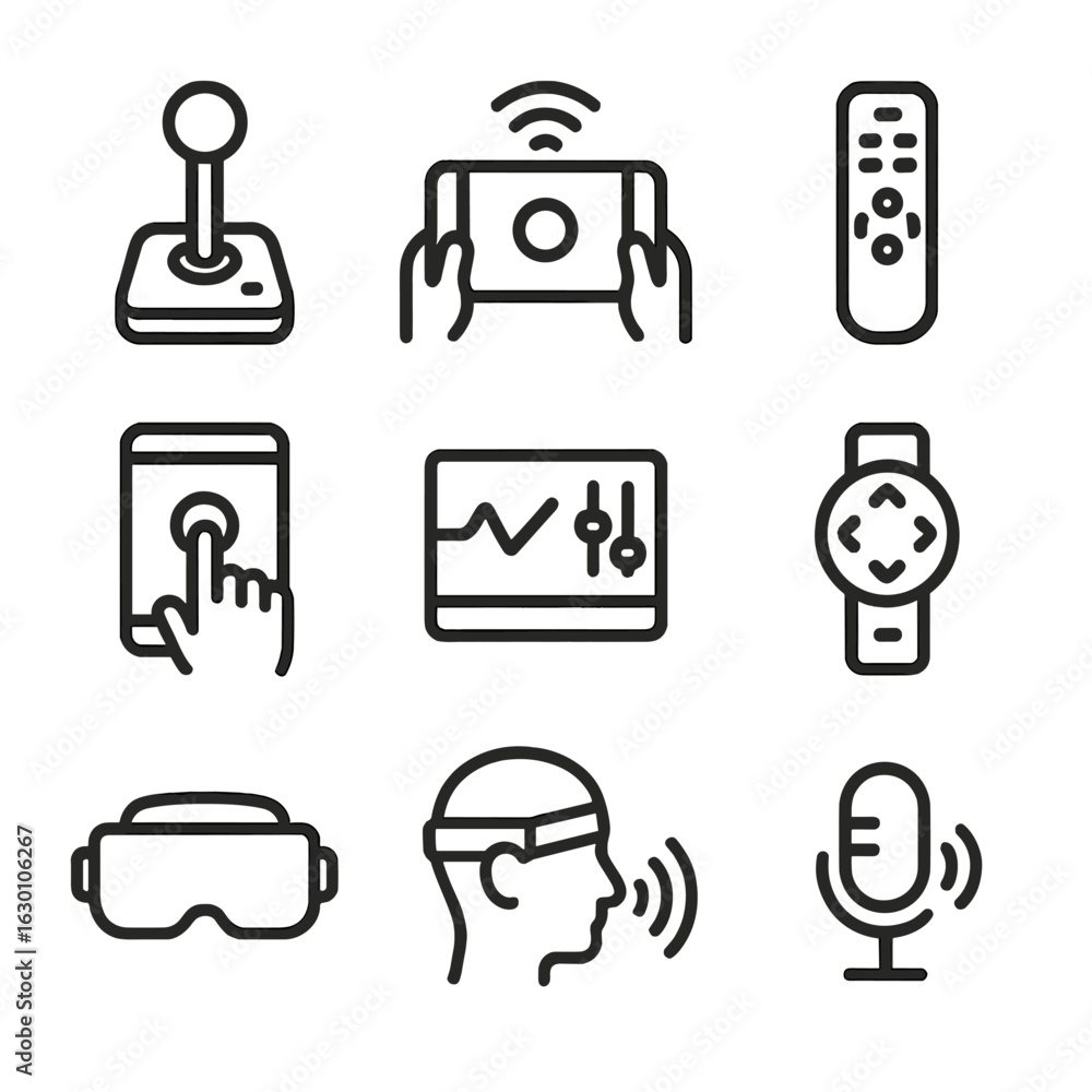 Poster remote control icon set. outline icon set of telecommand remote control: joystick, tablet control, r