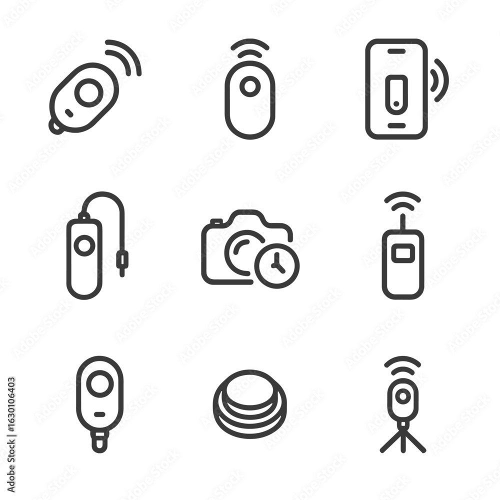 Poster remote shutter icons. outline icon set of remote shutter devices: bluetooth remote, infrared remote,