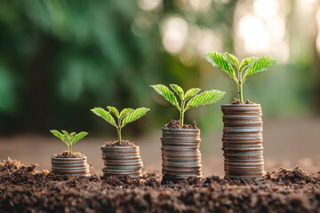 Growing wealth: plant sprouts emerging from stacked coins symbolizing financial growth and investment success