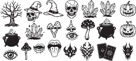 A vibrant collection of mystical elements for magical rituals and tarot card designs featuring a cauldron glowing crystals a watchful eye and enchanting mushrooms