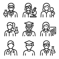Naklejka premium Research Team Icons. Outline icon set of sample research team: scientist, lab technician, researcher, assistant, professor, data