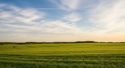 Green field under a blue cloudy sky on a sunny day in summer