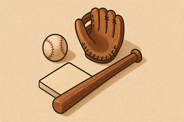 Minimal flat vector of baseball equipment including bat, glove, ball and base on neutral tone