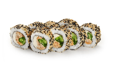 Uramaki sushi rolls covered with sesame seeds presenting fish and cucumber filling