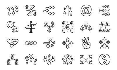 Minimalist Black Line Symbol Icons Bundle – Currency, Arrows, Social, Love, Checkmarks, Peace, Hashtag, Moon, Star, Plus Minus, People & Abstract Shapes in Silhouettes Style on White Background

