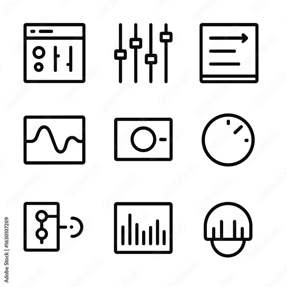 Poster reverb software icons. outline icon set of reverb software interfaces: plugin window, parameter slid