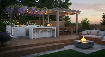 Obraz premium Outdoor kitchen pergola fire pit patio design backyard garden landscape architecture luxury home living space