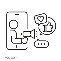 advertising promotion icon, blogger, social media marketing, phone with influencer, digital market specialist, thin line symbol on white background - editable stroke vector illustration
