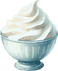 Vector watercolor illustration of a piece of whipped cream in a bowl