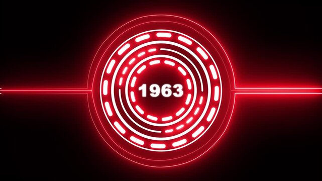 1963 text with screen effects of technological failures. Concept of counting years. Past year technology concept on black background. 4k video animation