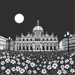 Obraz premium Basilica di San Marco surrounded by blooming flowers in Venice at midnight with glowing lanterns