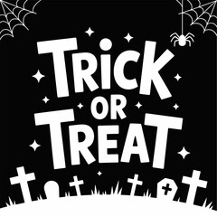 Trick or treat cemetery background, halloween spider web, black and white vector, spooky graveyard, festive art