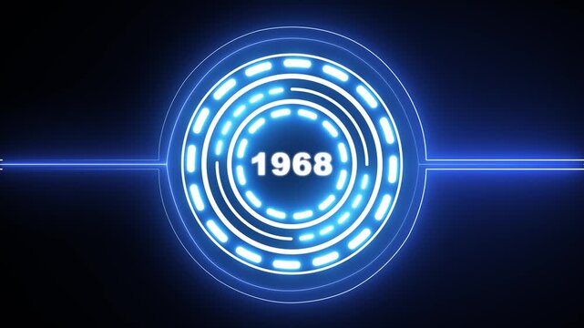 1968 text with screen effects of technological failures. Concept of counting years. Past year technology concept on black background. 4k video animation