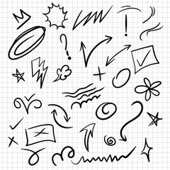 Pen line doodle element. doodle arrow, star, sparkle decoration symbol. doodle symbols. hand drawn line confetti exclamation icon