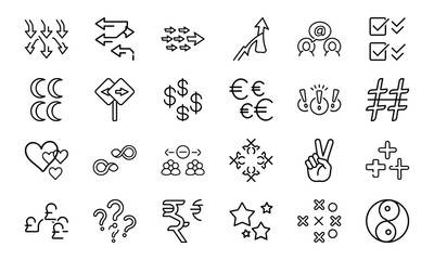 Minimalist Black Line Symbol Icons Bundle – Currency, Arrows, Social, Love, Checkmarks, Peace, Hashtag, Moon, Star, Plus Minus, People & Abstract Shapes in Silhouettes Style on White Background

