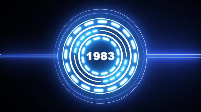 1983 text with screen effects of technological failures. Concept of counting years. Past year technology concept on black background. 4k video animation
