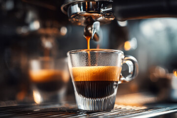 Close-up of espresso pouring into a glass cup on a coffee machine