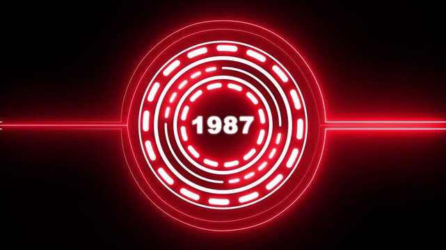1987 text with screen effects of technological failures. Concept of counting years. Past year technology concept on black background. 4k video animation