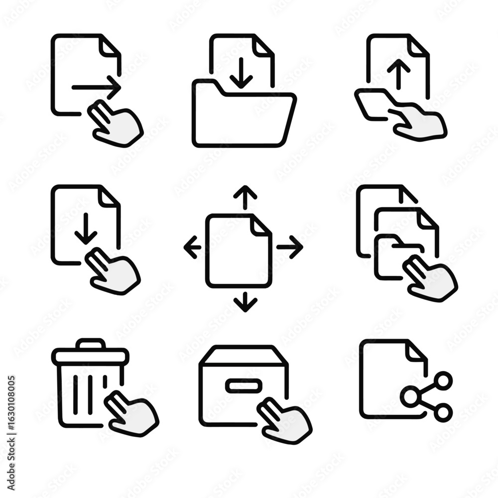 Poster file management icons. outline icon set of drag file management: drag file, drop folder, upload drag