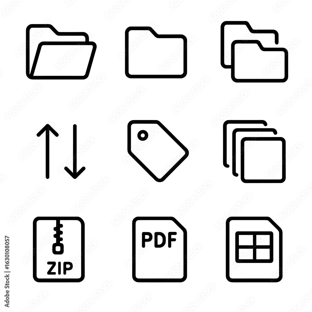 Poster file organization icons. outline icon set of file organization: folder open, folder closed, subfolde