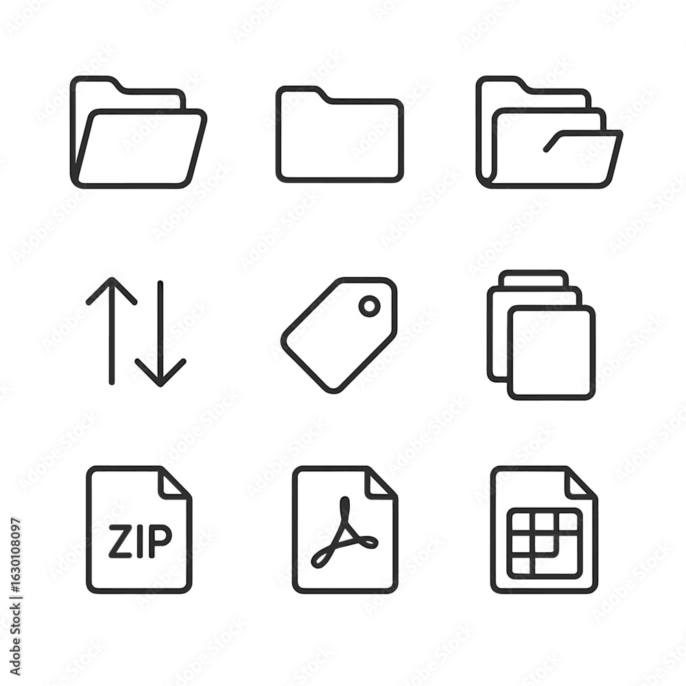 Poster file organization icons. outline icon set of file organization: folder open, folder closed, subfolde